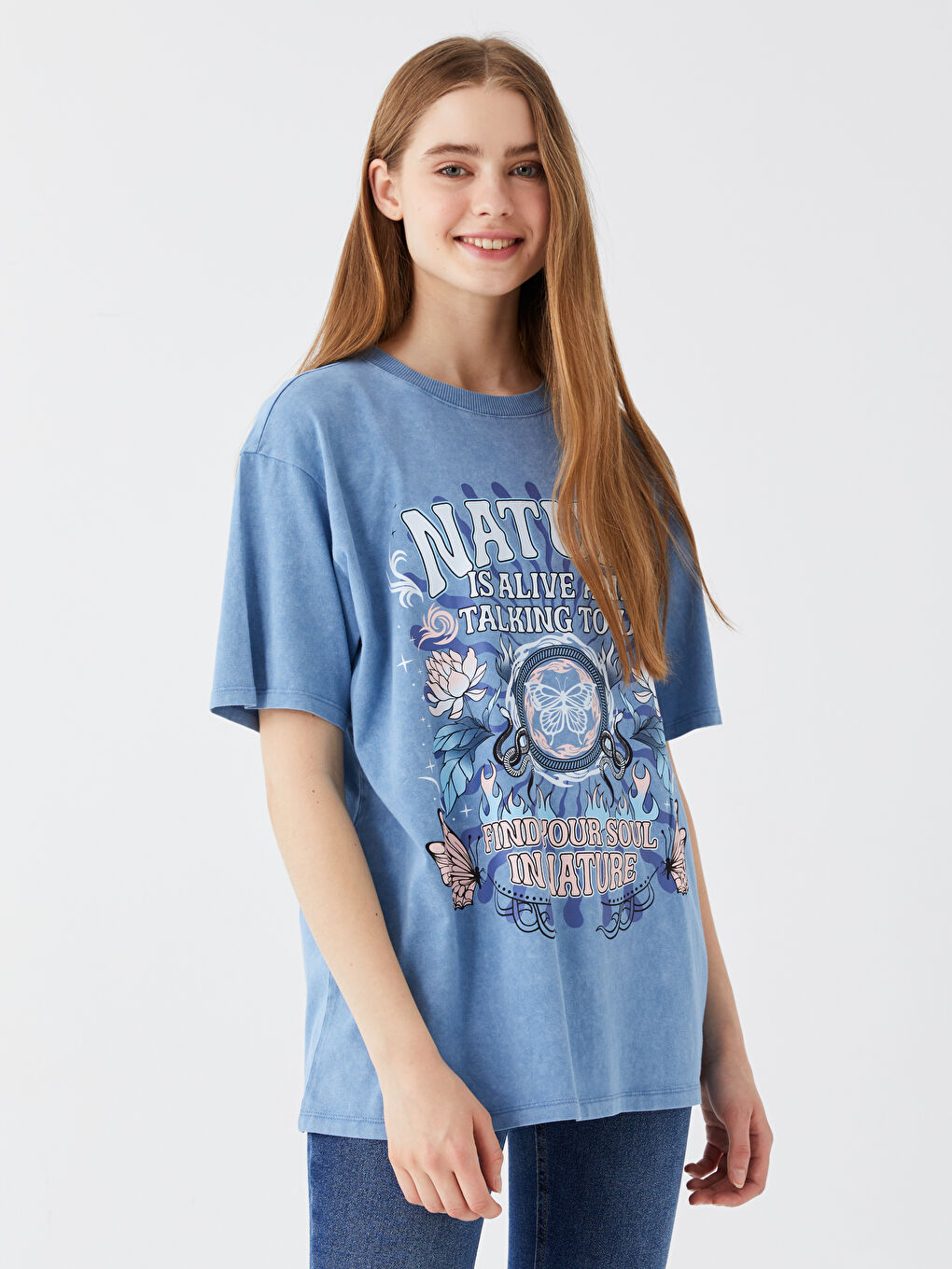 Mavi Bisiklet Yaka Baskılı Kısa Kollu Oversize Kadın Tişört-1