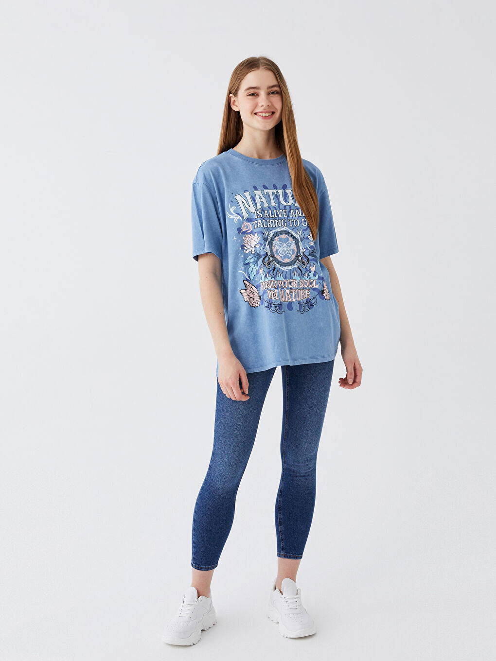 Mavi Bisiklet Yaka Baskılı Kısa Kollu Oversize Kadın Tişört-2