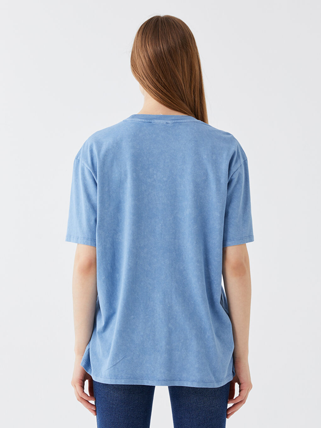 Mavi Bisiklet Yaka Baskılı Kısa Kollu Oversize Kadın Tişört-4