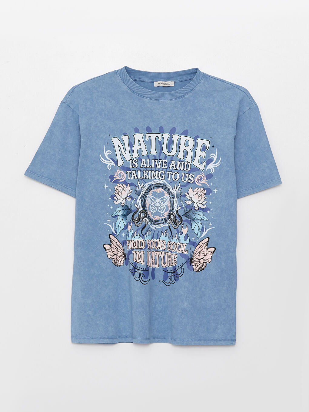 Mavi Bisiklet Yaka Baskılı Kısa Kollu Oversize Kadın Tişört-5