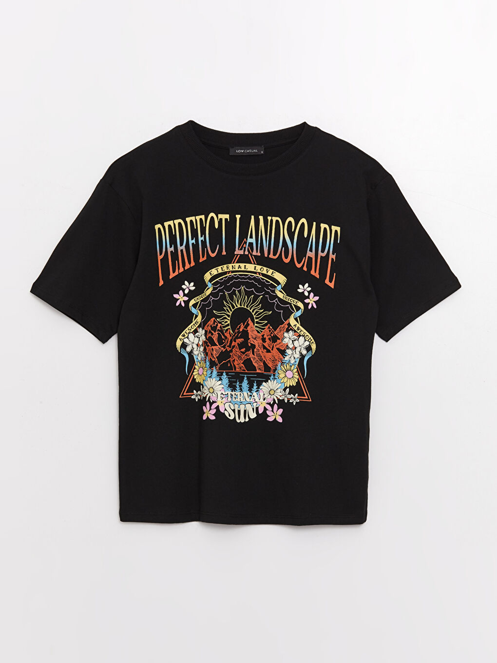 Siyah Bisiklet Yaka Baskılı Kısa Kollu Oversize Kadın Tişört