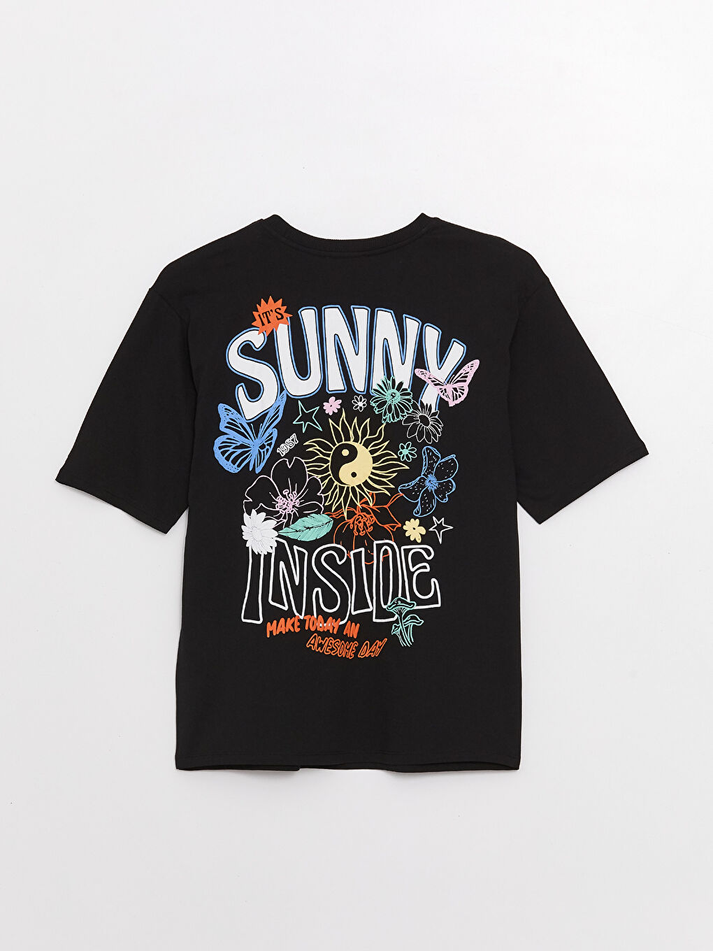 Siyah Bisiklet Yaka Baskılı Kısa Kollu Oversize Kadın Tişört-6