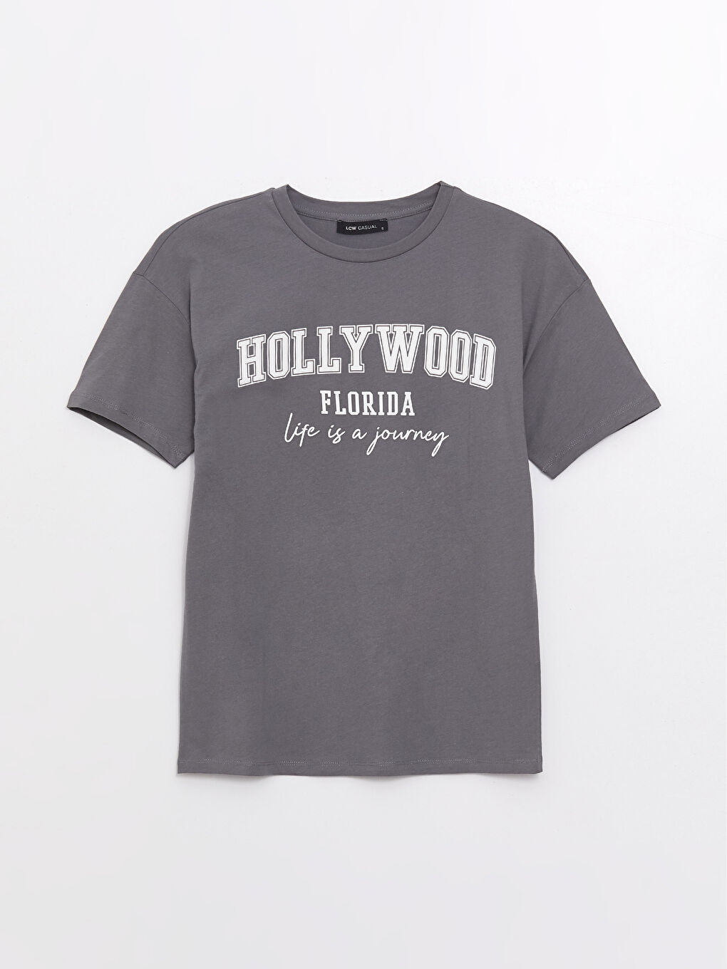 Gri Bisiklet Yaka Baskılı Kısa Kollu Kadın Tişört-5