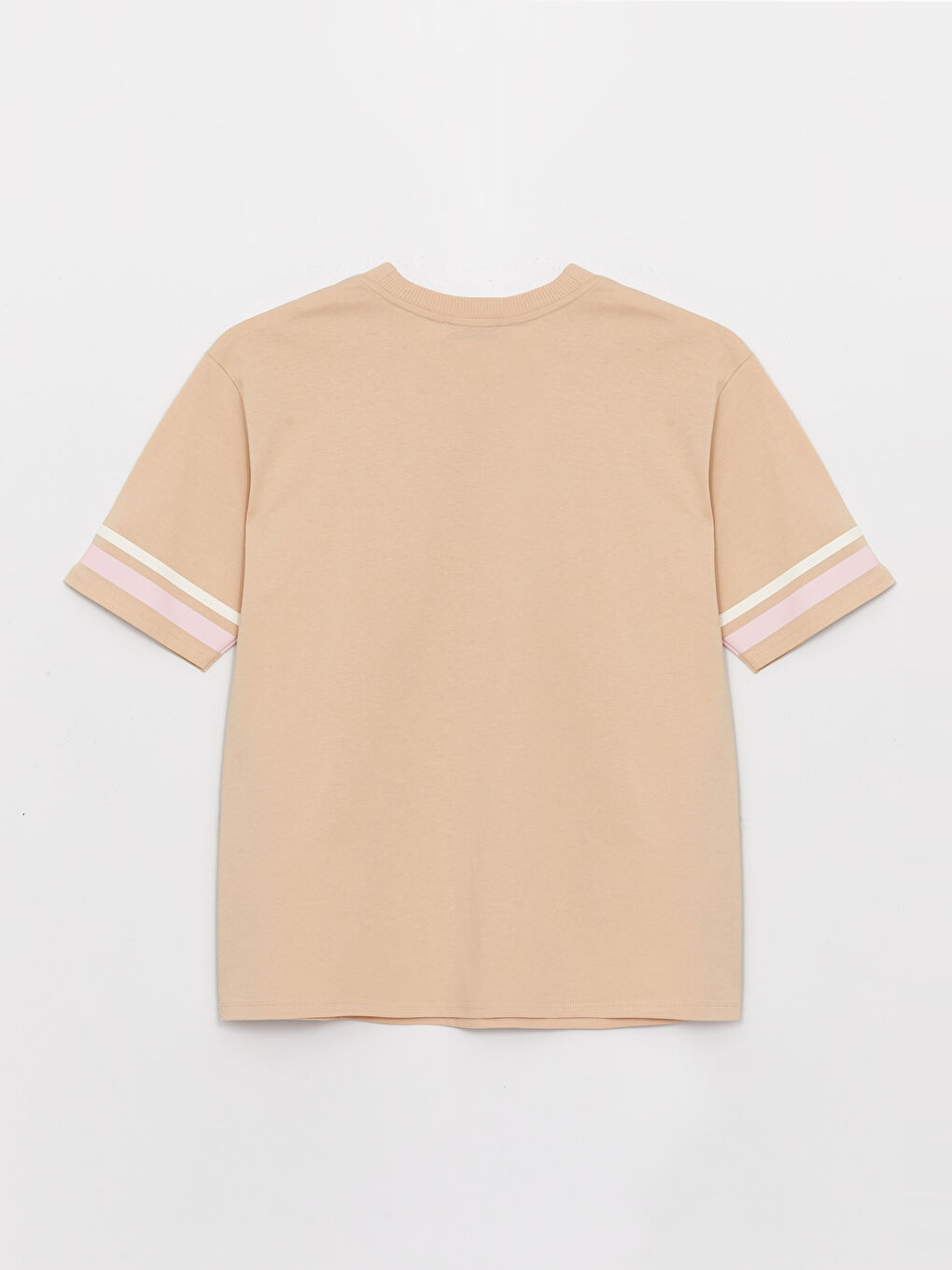 Bej Bisiklet Yaka Baskılı Kısa Kollu Oversize Kadın Tişört-6