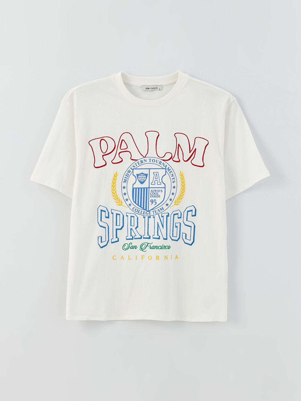 Ekru Bisiklet Yaka Baskılı Kısa Kollu Oversize Kadın Tişört-5