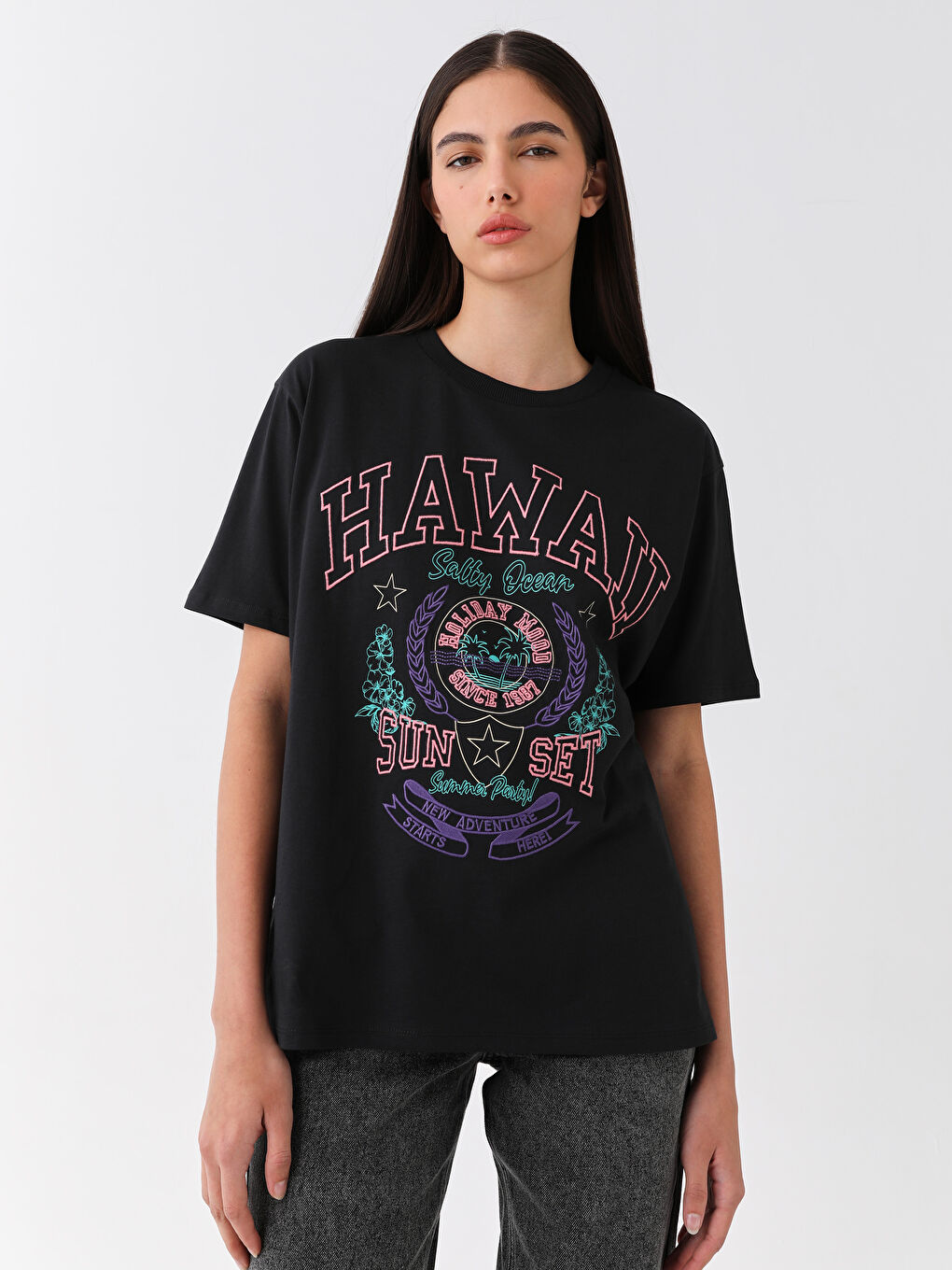 T-shirt Oversize à Manches Courtes Imprimé à Col Rond pour Femmes