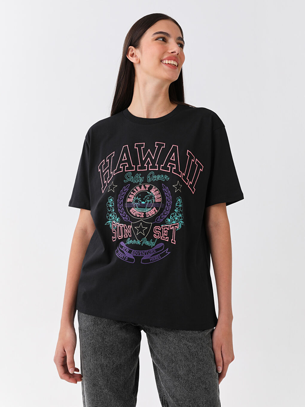 T-shirt Oversize à Manches Courtes Imprimé à Col Rond pour Femmes-1