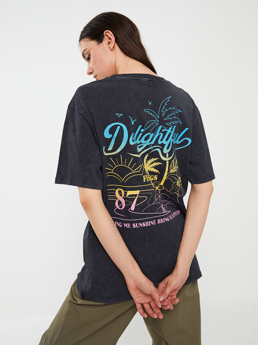 Antrasit Bisiklet Yaka Baskılı Kısa Kollu Oversize Kadın Tişört