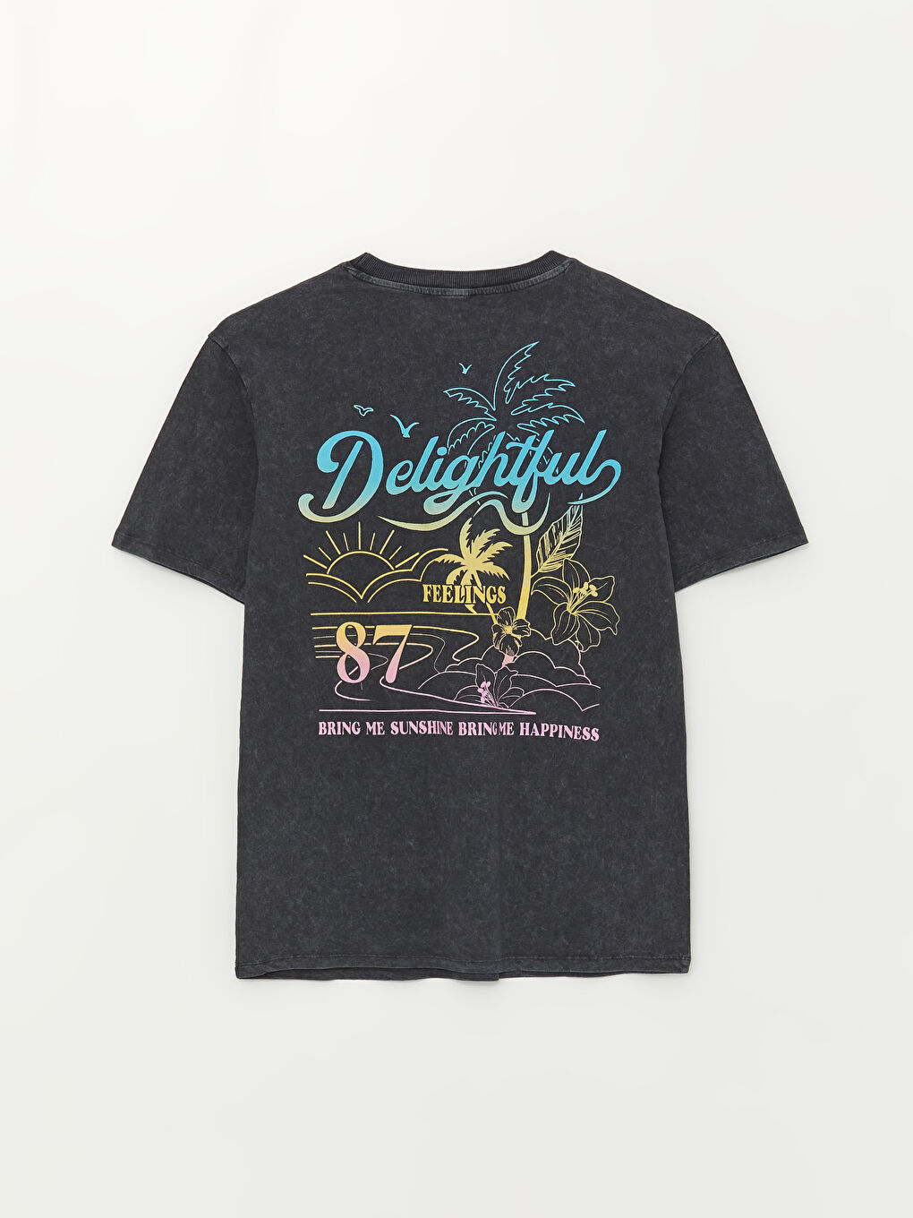 Antrasit Bisiklet Yaka Baskılı Kısa Kollu Oversize Kadın Tişört-6