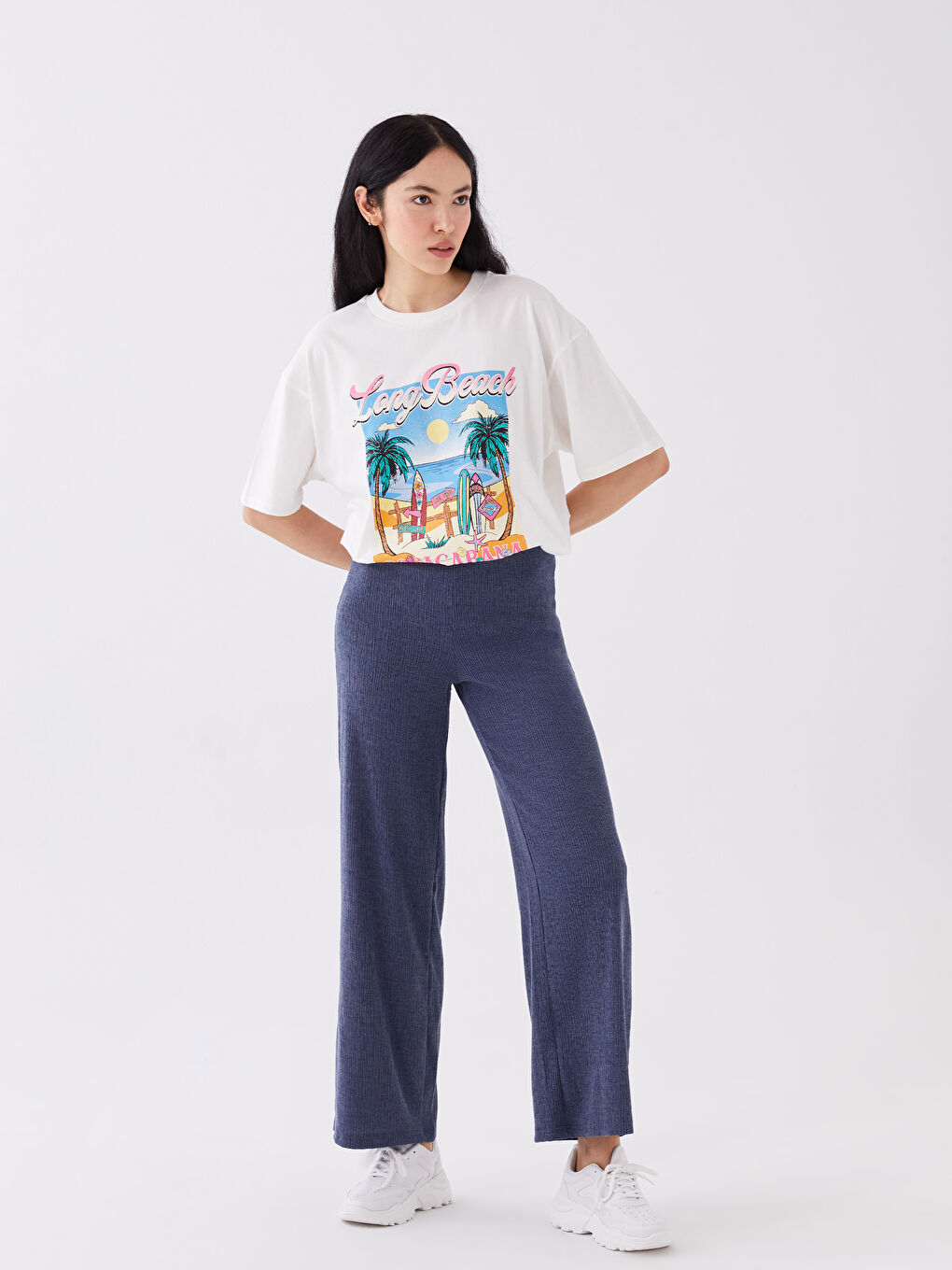 Спортивные штаны с эластичным поясом, однотонные, широкие брюки для женщин-1