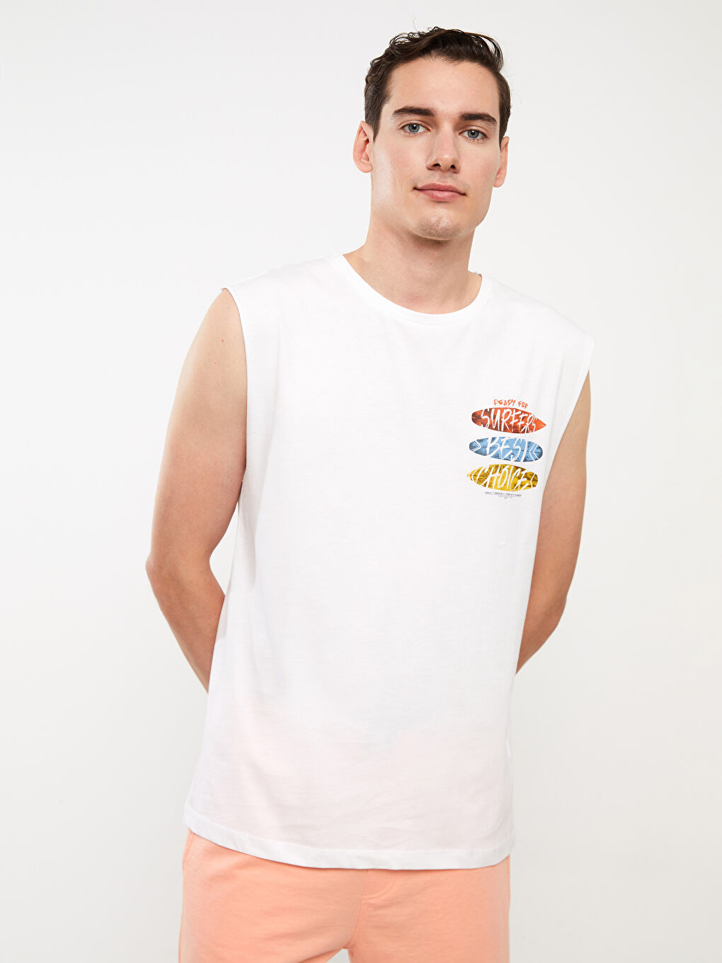 Beyaz Bisiklet Yaka Baskılı Penye Erkek Kolsuz Tişört-2