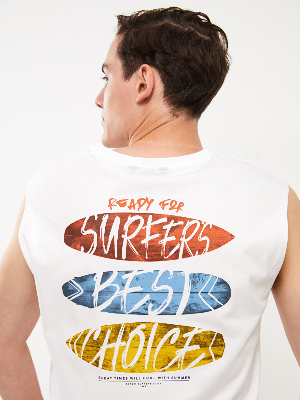 Beyaz Bisiklet Yaka Baskılı Penye Erkek Kolsuz Tişört-4