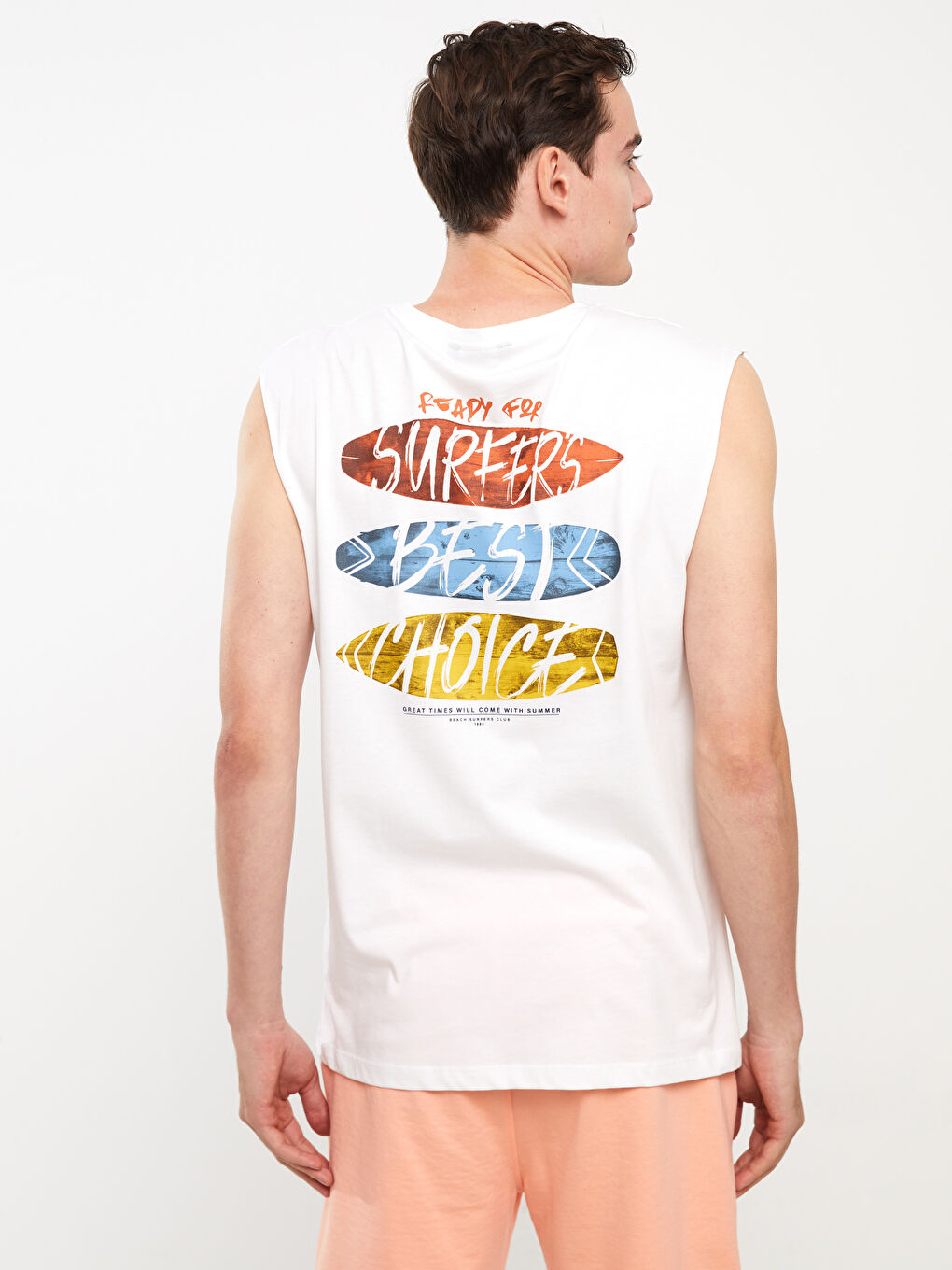 Beyaz Bisiklet Yaka Baskılı Penye Erkek Kolsuz Tişört-5