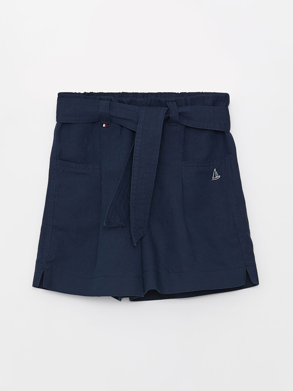 Lacivert Beli Lastikli Keten Karışımlı Kız Çocuk Şort