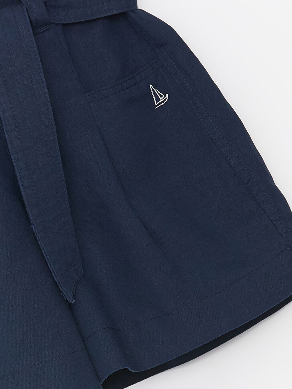 Lacivert Beli Lastikli Keten Karışımlı Kız Çocuk Şort-1