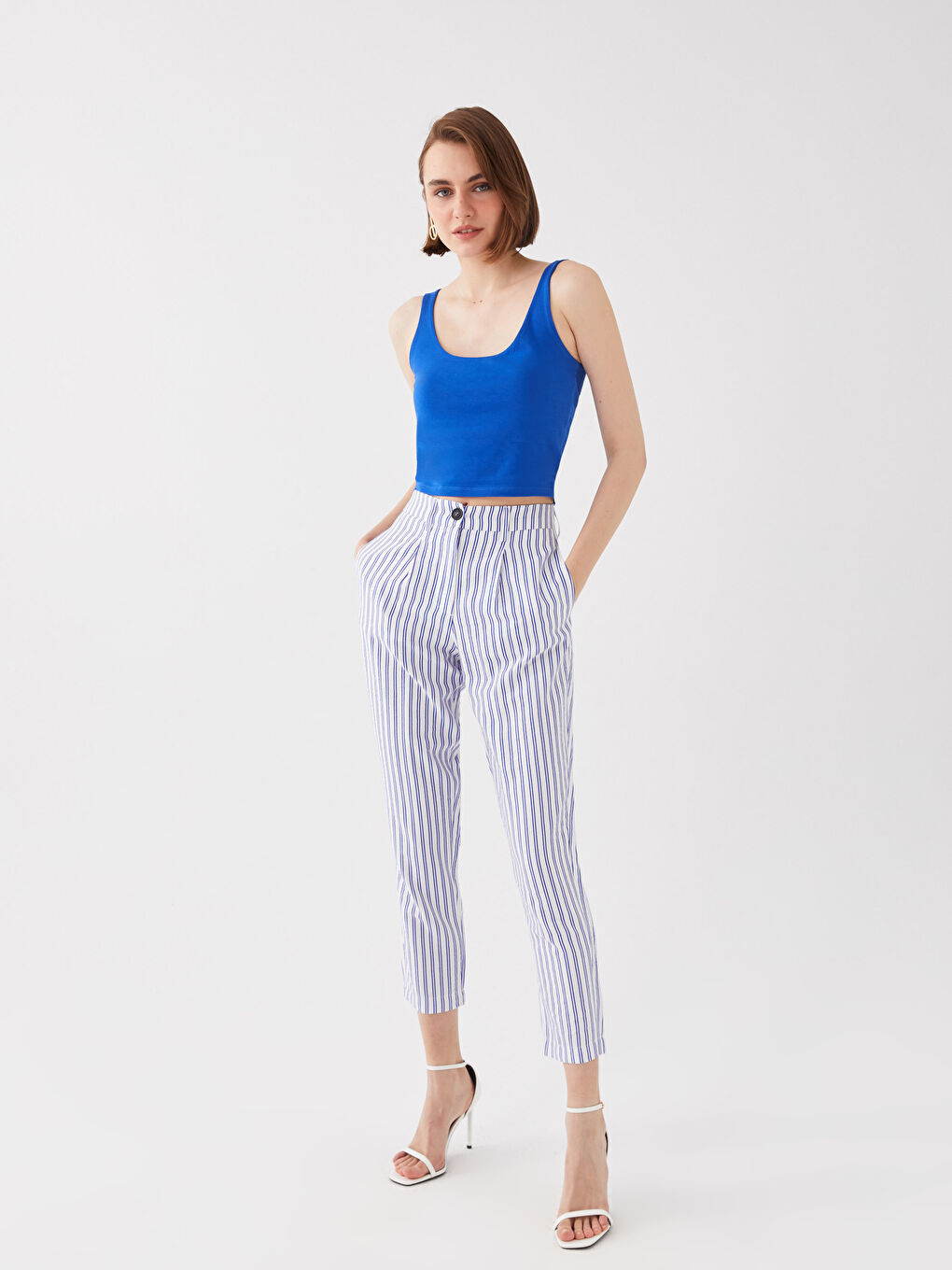 High Waist Casual Fit Striped Women's Trousers -S3GI34Z8-MRQ
