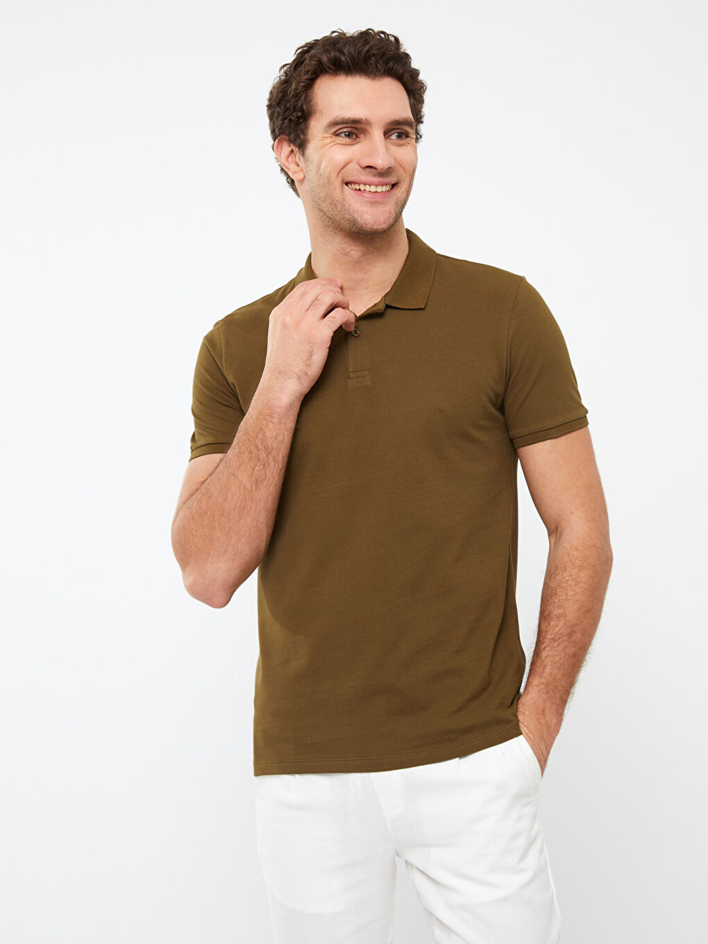 Haki Polo Yaka Kısa Kollu Pike Erkek Tişört-1