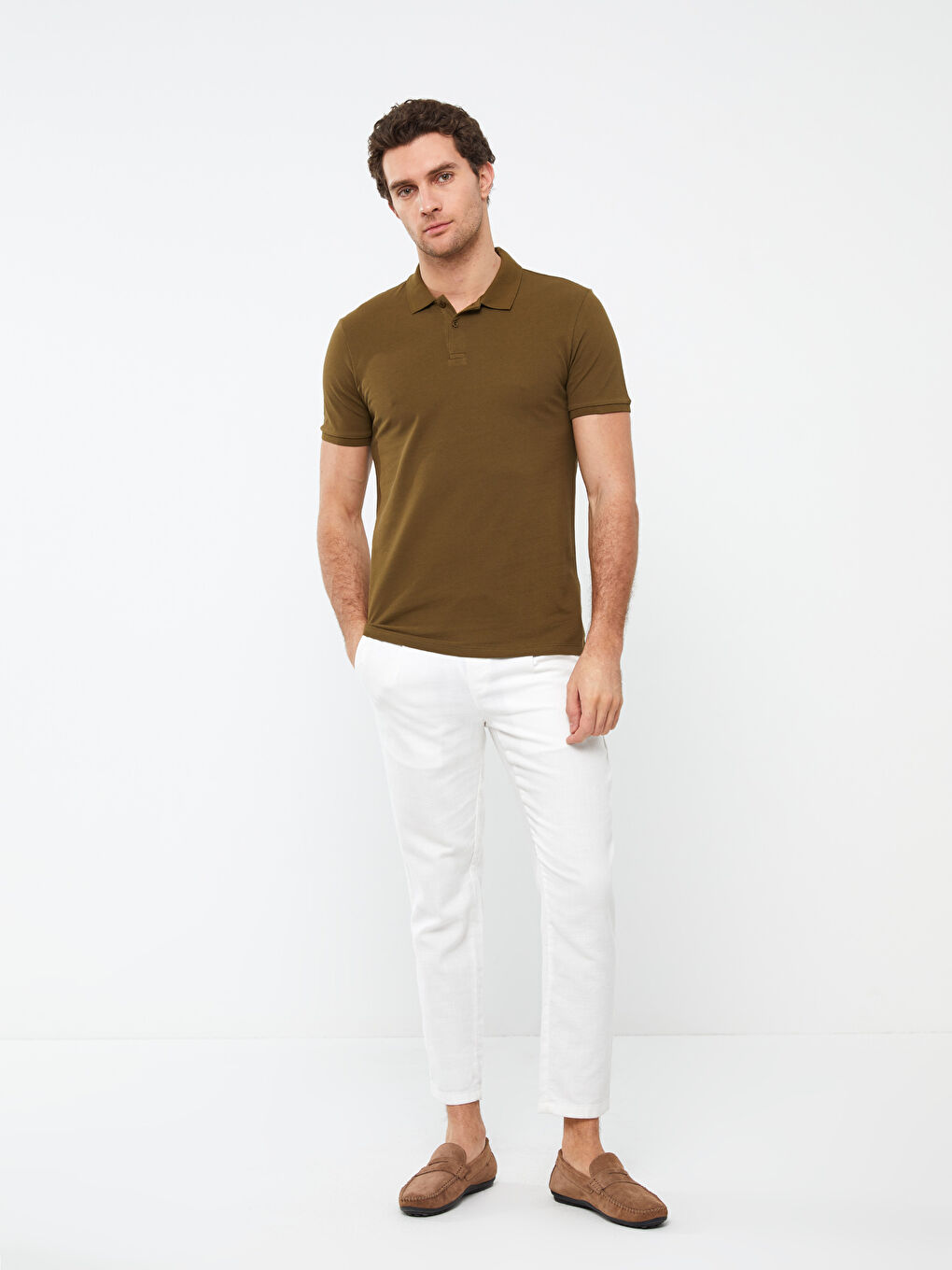 Haki Polo Yaka Kısa Kollu Pike Erkek Tişört-2