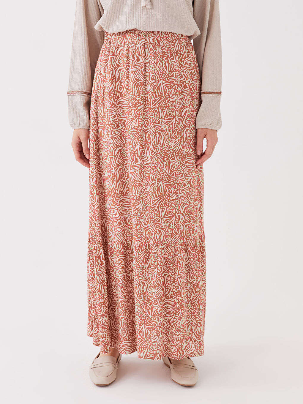 Bej Beli Lastikli Desenli A Kesim Kadın Etek-2