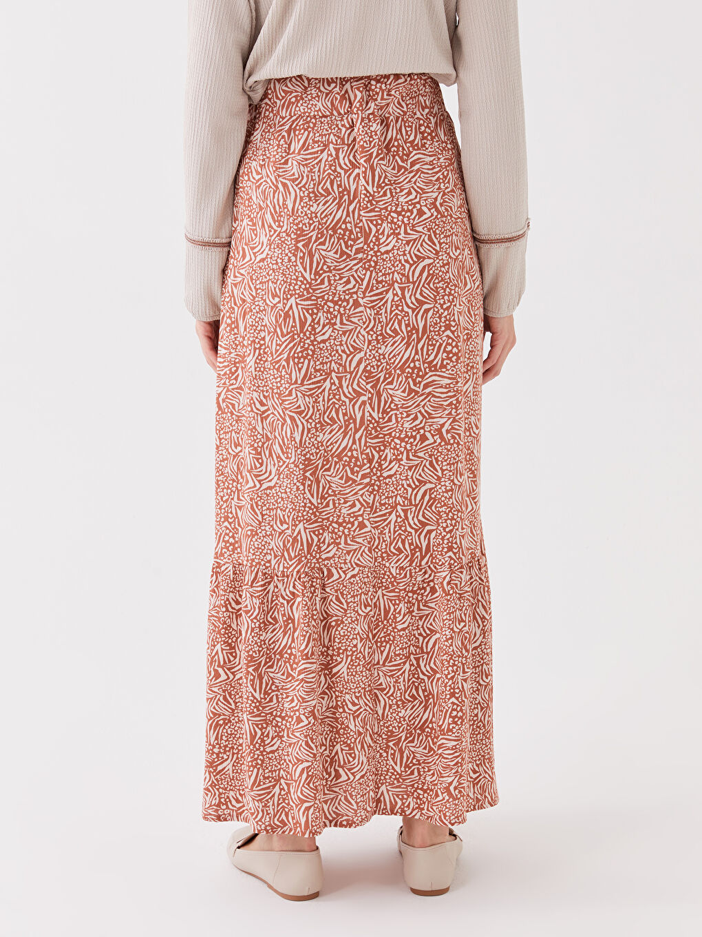 Bej Beli Lastikli Desenli A Kesim Kadın Etek-3