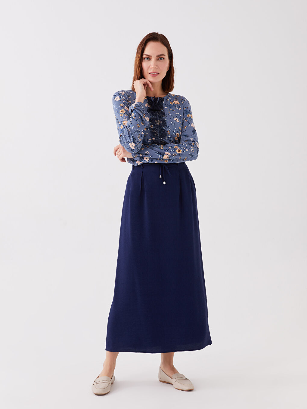 Lacivert Beli Lastikli Rahat Kalıp Kadın Etek