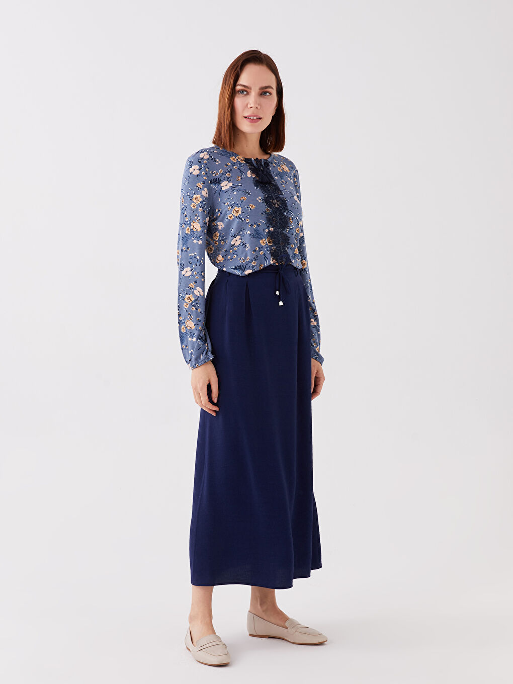 Lacivert Beli Lastikli Rahat Kalıp Kadın Etek-1