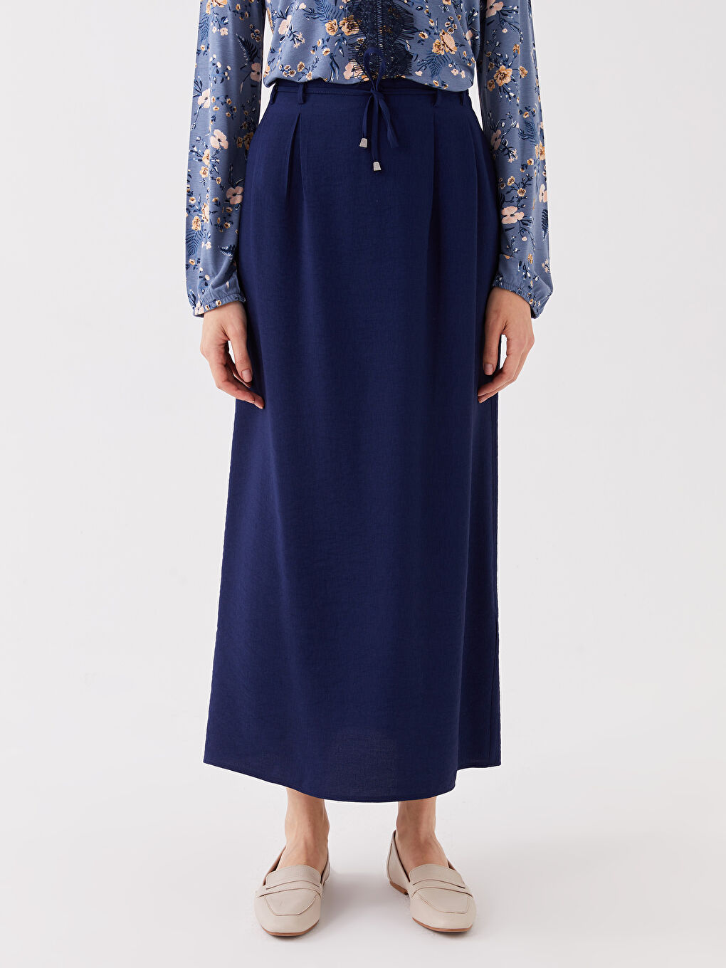 Lacivert Beli Lastikli Rahat Kalıp Kadın Etek-2