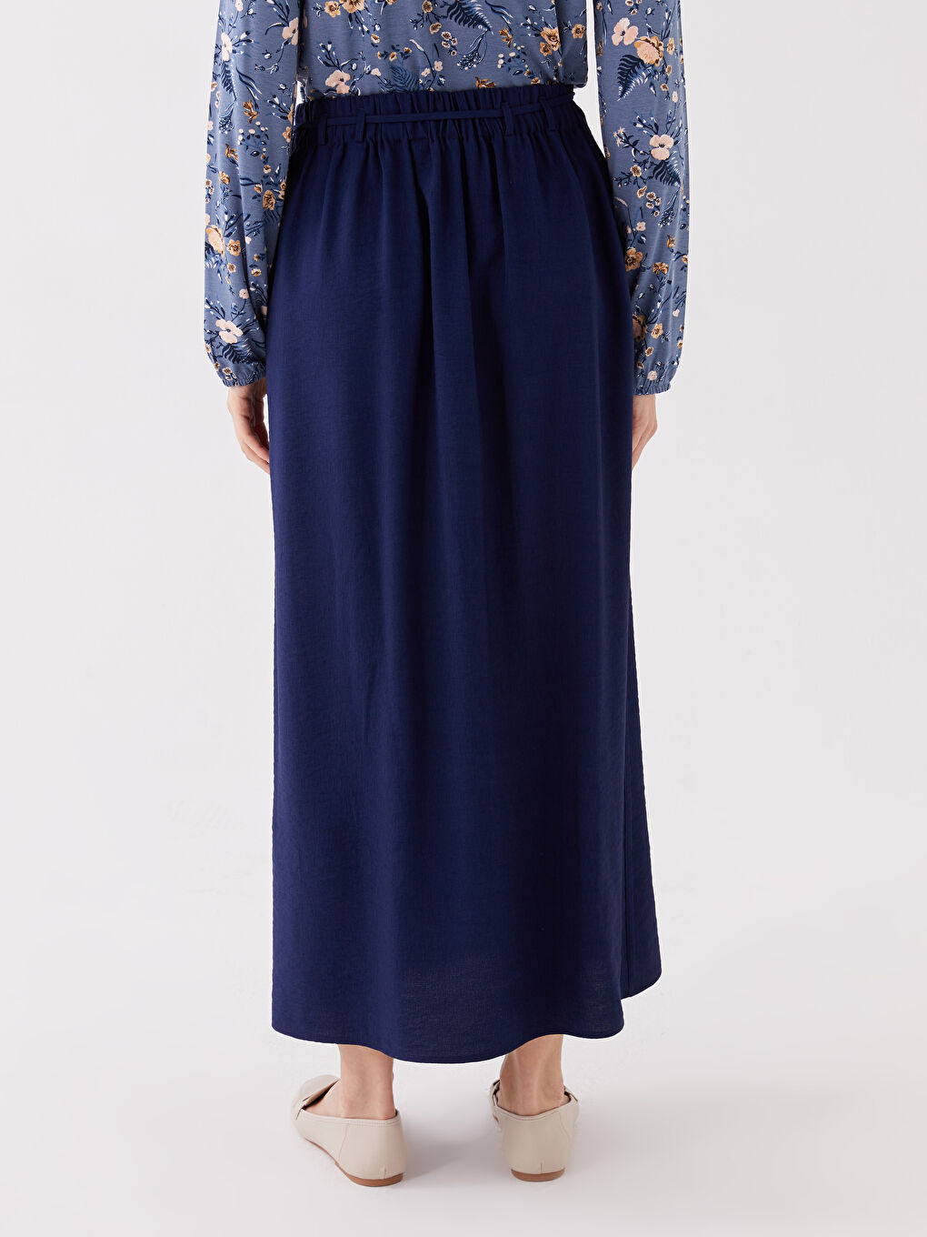Lacivert Beli Lastikli Rahat Kalıp Kadın Etek-3