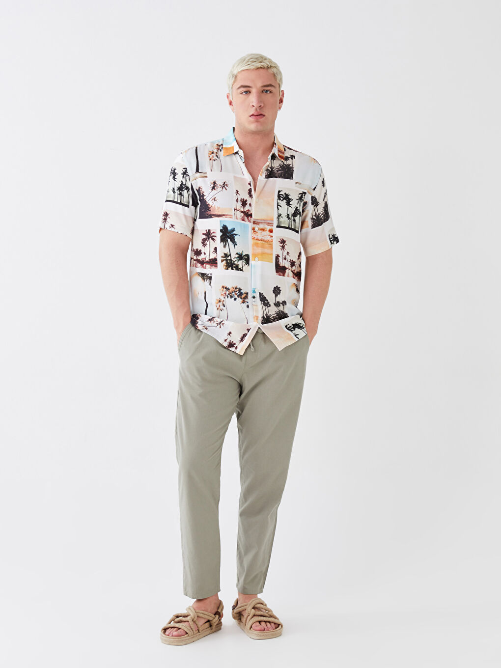 Haki Standart Kalıp Keten Karışımlı Erkek Pantolon