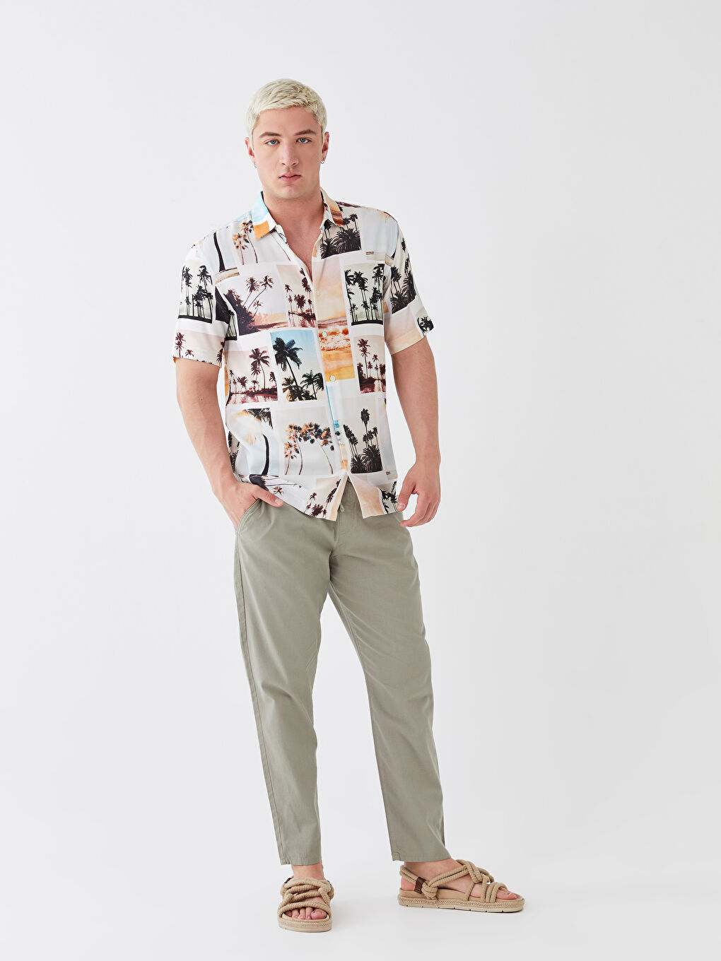 Haki Standart Kalıp Keten Karışımlı Erkek Pantolon-1