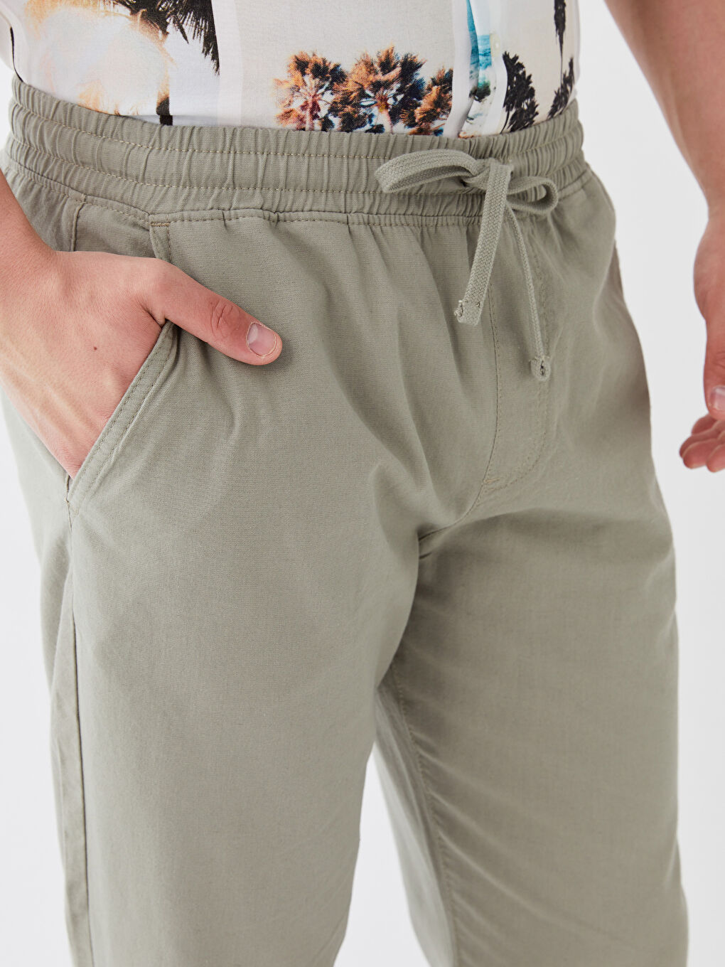 Haki Standart Kalıp Keten Karışımlı Erkek Pantolon-2