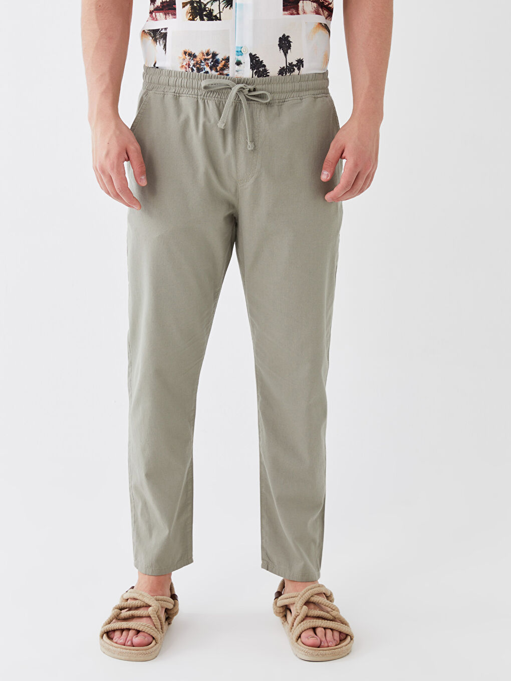 Haki Standart Kalıp Keten Karışımlı Erkek Pantolon-3