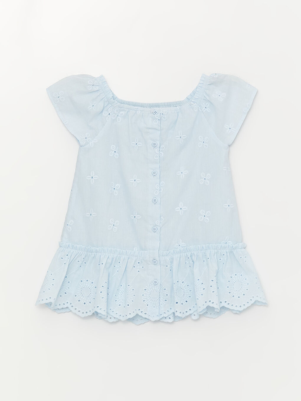 Mavi Kare Yaka Nakışlı Kız Bebek Elbise