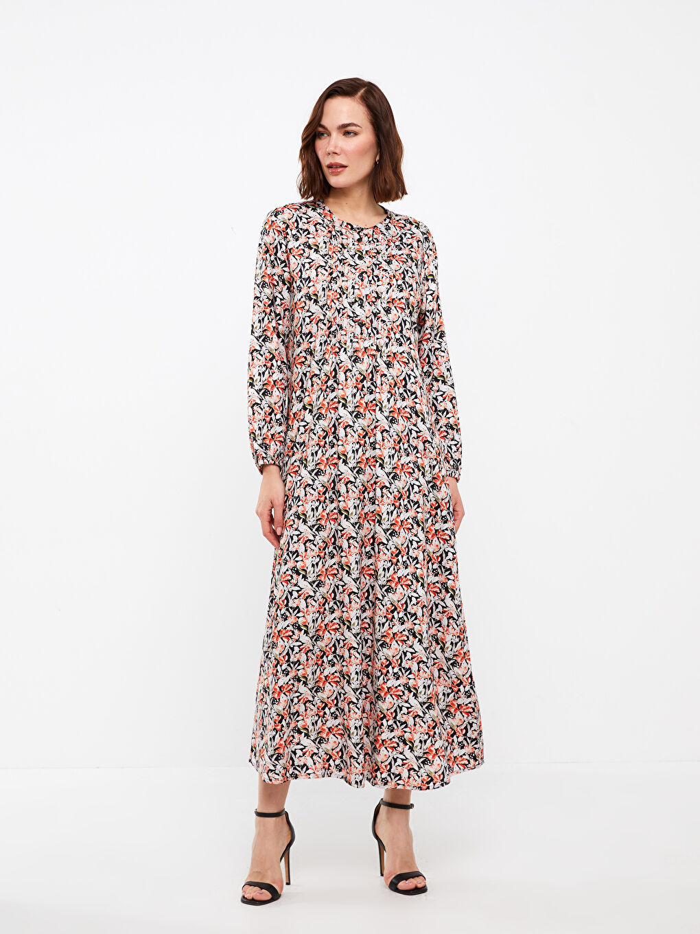 LCW Grace Crew Neck Patterned Long Sleeve Women's Dress -S3GI70Z8-F9C
