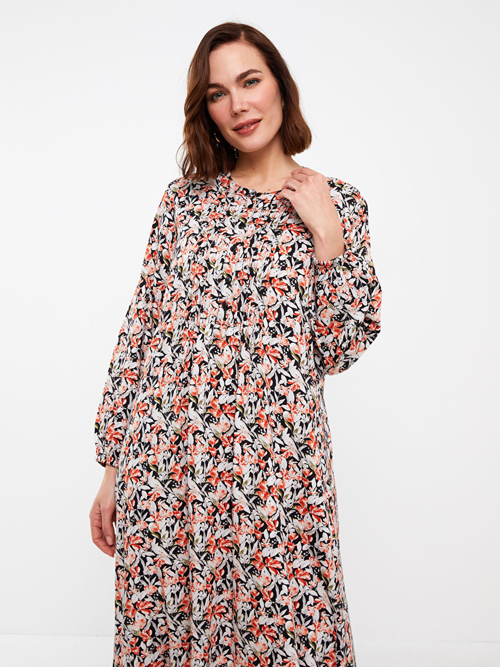 LCW Grace Crew Neck Patterned Long Sleeve Women's Dress -S3GI70Z8-F9C