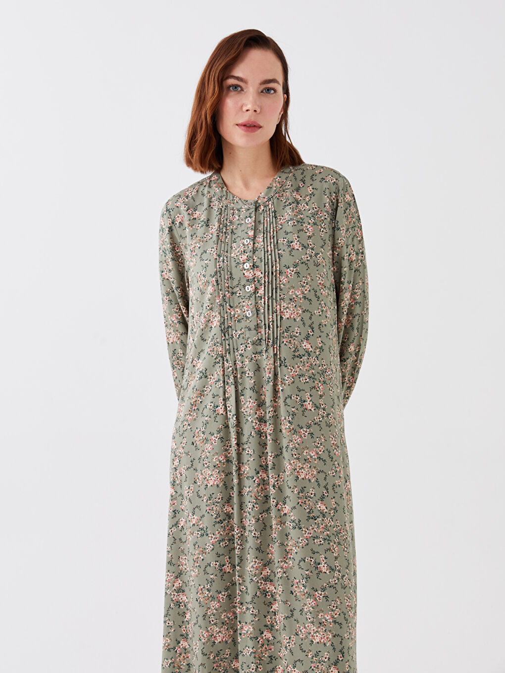 فستان نسائي كم طويل بنقشة وياقة دائرية-1