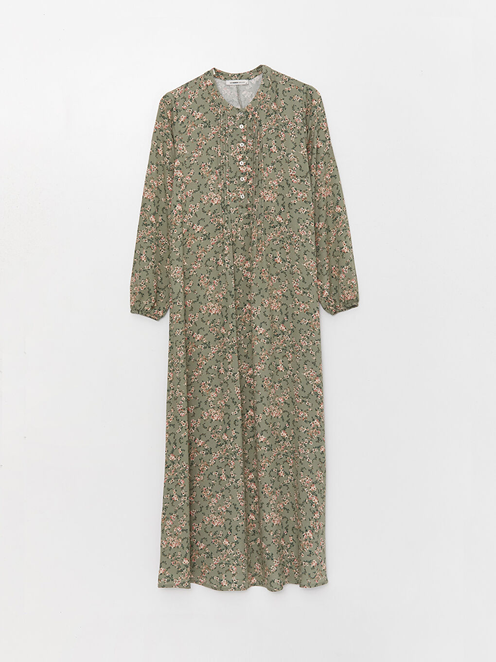 فستان نسائي كم طويل بنقشة وياقة دائرية-5