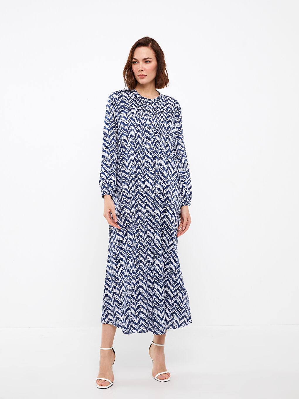 Lacivert Bisiklet Yaka Desenli Uzun Kollu Kadın Elbise