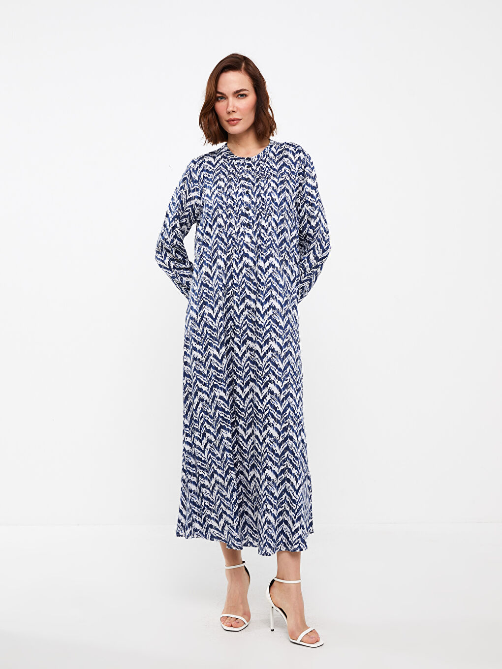 Lacivert Bisiklet Yaka Desenli Uzun Kollu Kadın Elbise-1