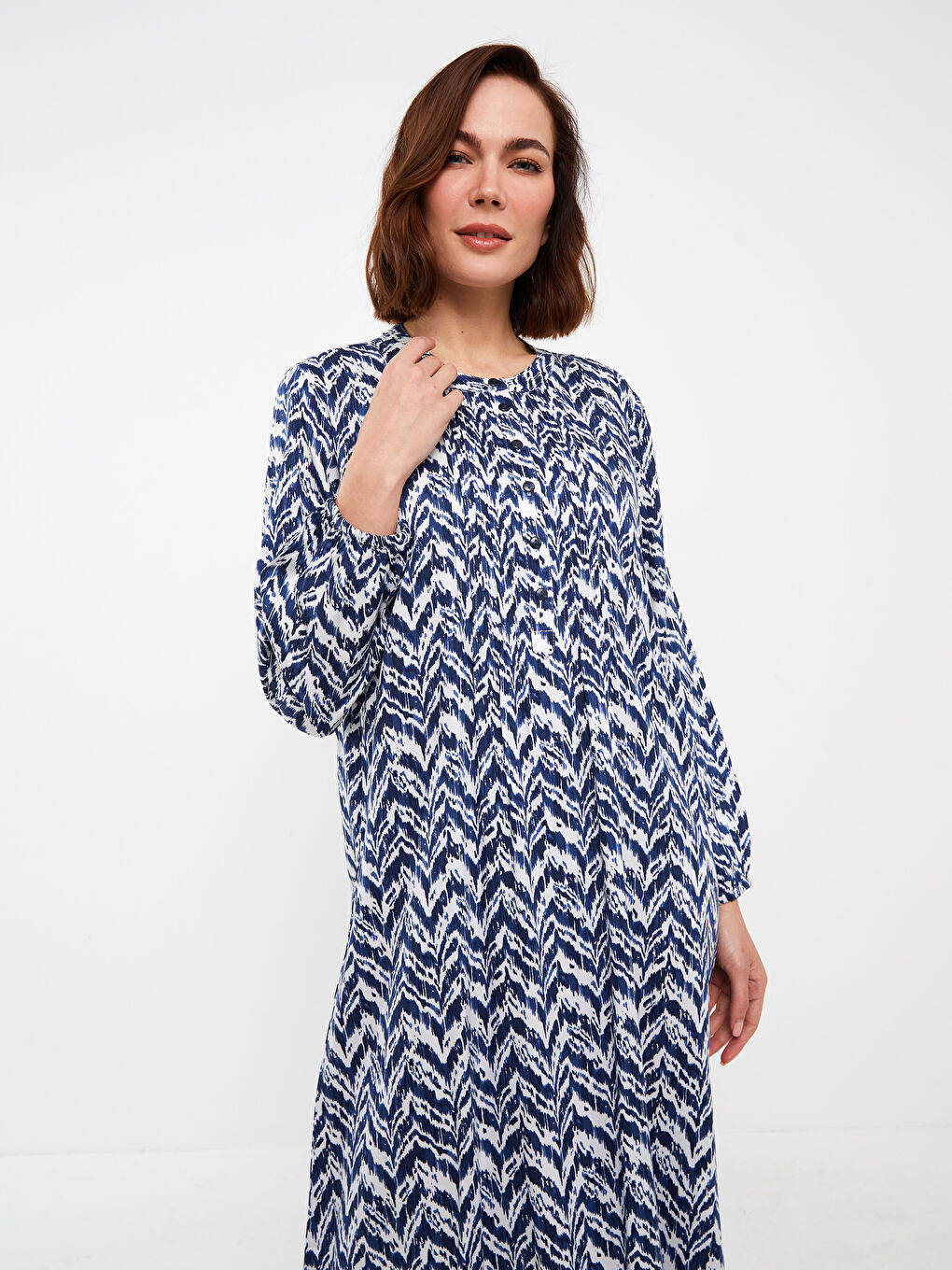 Lacivert Bisiklet Yaka Desenli Uzun Kollu Kadın Elbise-2