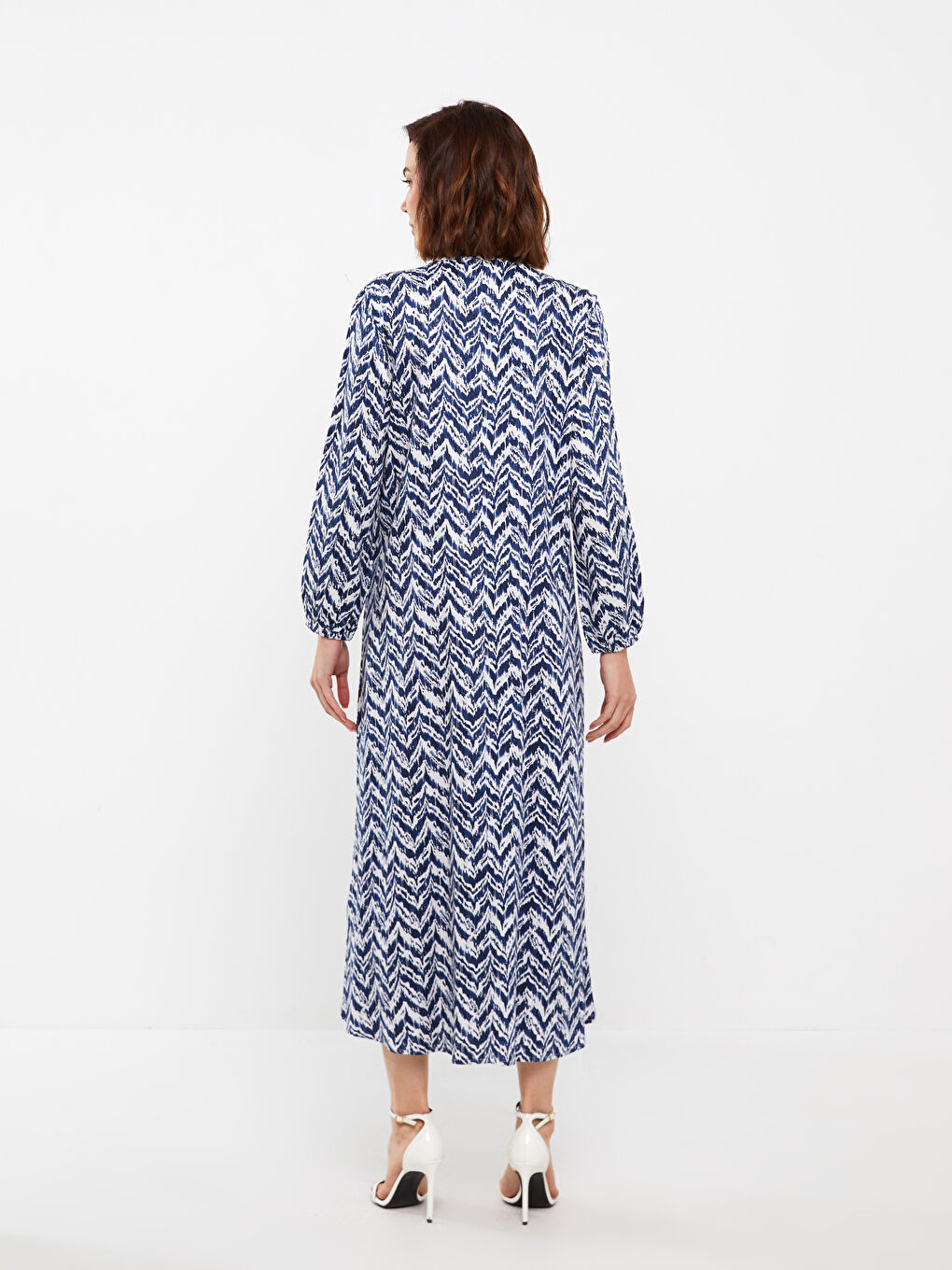Lacivert Bisiklet Yaka Desenli Uzun Kollu Kadın Elbise-4