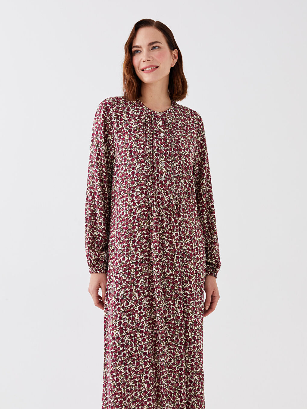 Kırmızı Bisiklet Yaka Desenli Uzun Kollu Kadın Elbise-1