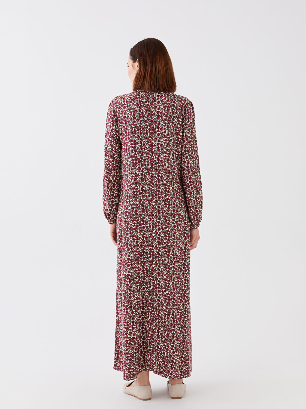 Kırmızı Bisiklet Yaka Desenli Uzun Kollu Kadın Elbise-4
