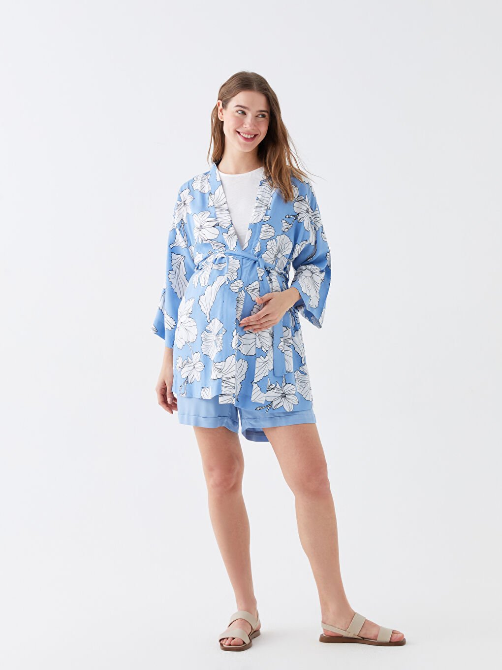 Shawl Collar Floral Long Sleeve Maternity Kimono -S3GI86Z8-LQQ