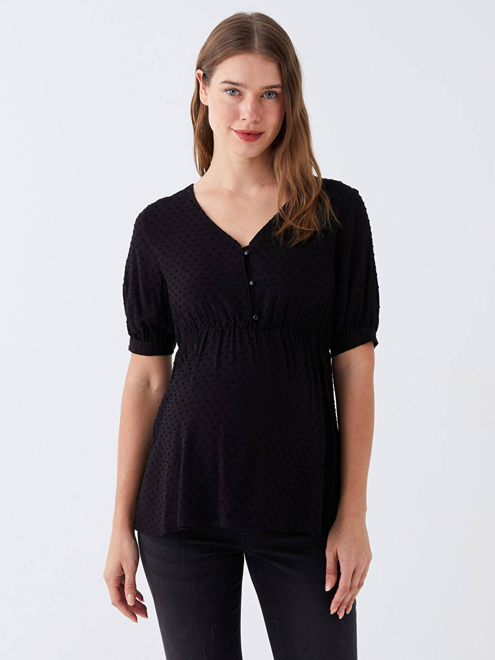 V Neck Self Patterned Short Sleeve Poplin Maternity Blouse -S3GI89Z8-CVL