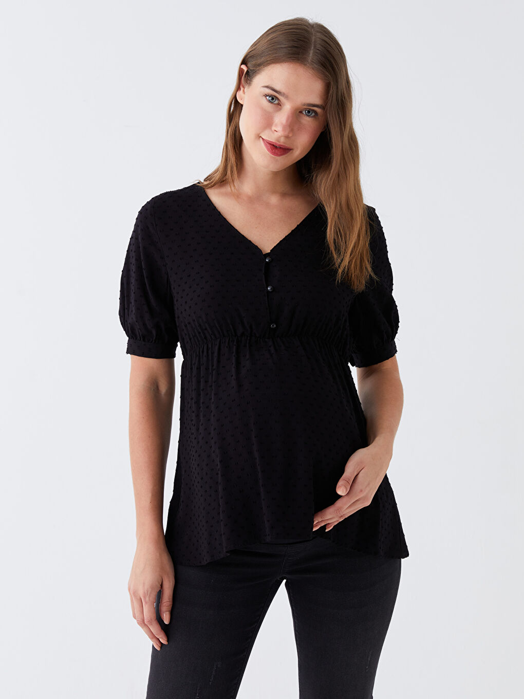 V Neck Self Patterned Short Sleeve Poplin Maternity Blouse -S3GI89Z8-CVL