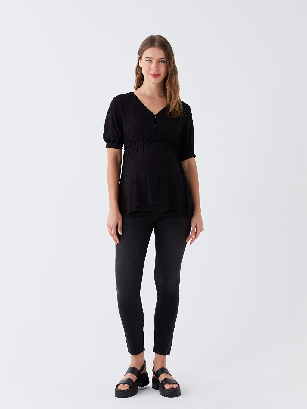 V Neck Self Patterned Short Sleeve Poplin Maternity Blouse -S3GI89Z8-CVL