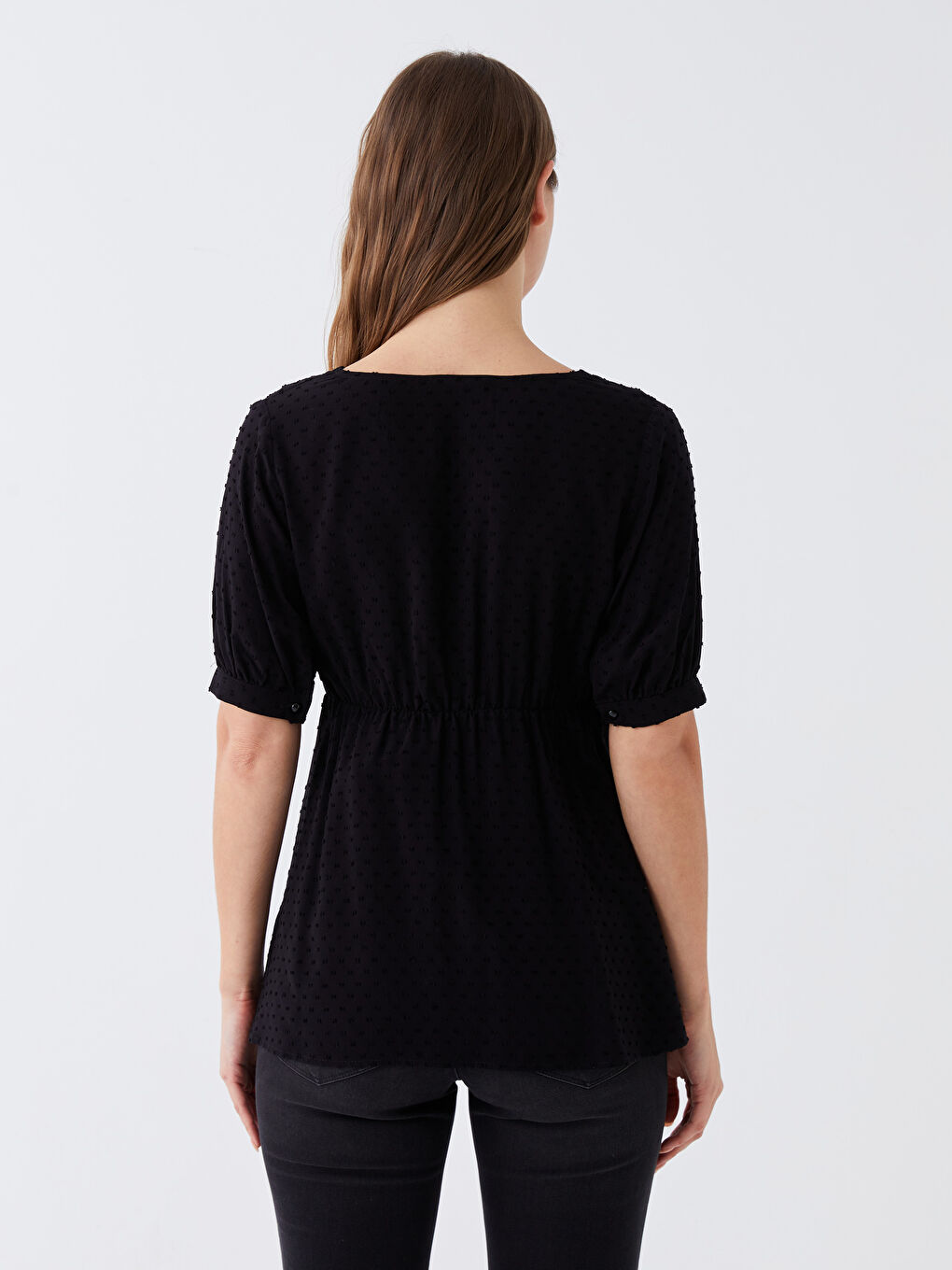 V Neck Self Patterned Short Sleeve Poplin Maternity Blouse -S3GI89Z8-CVL