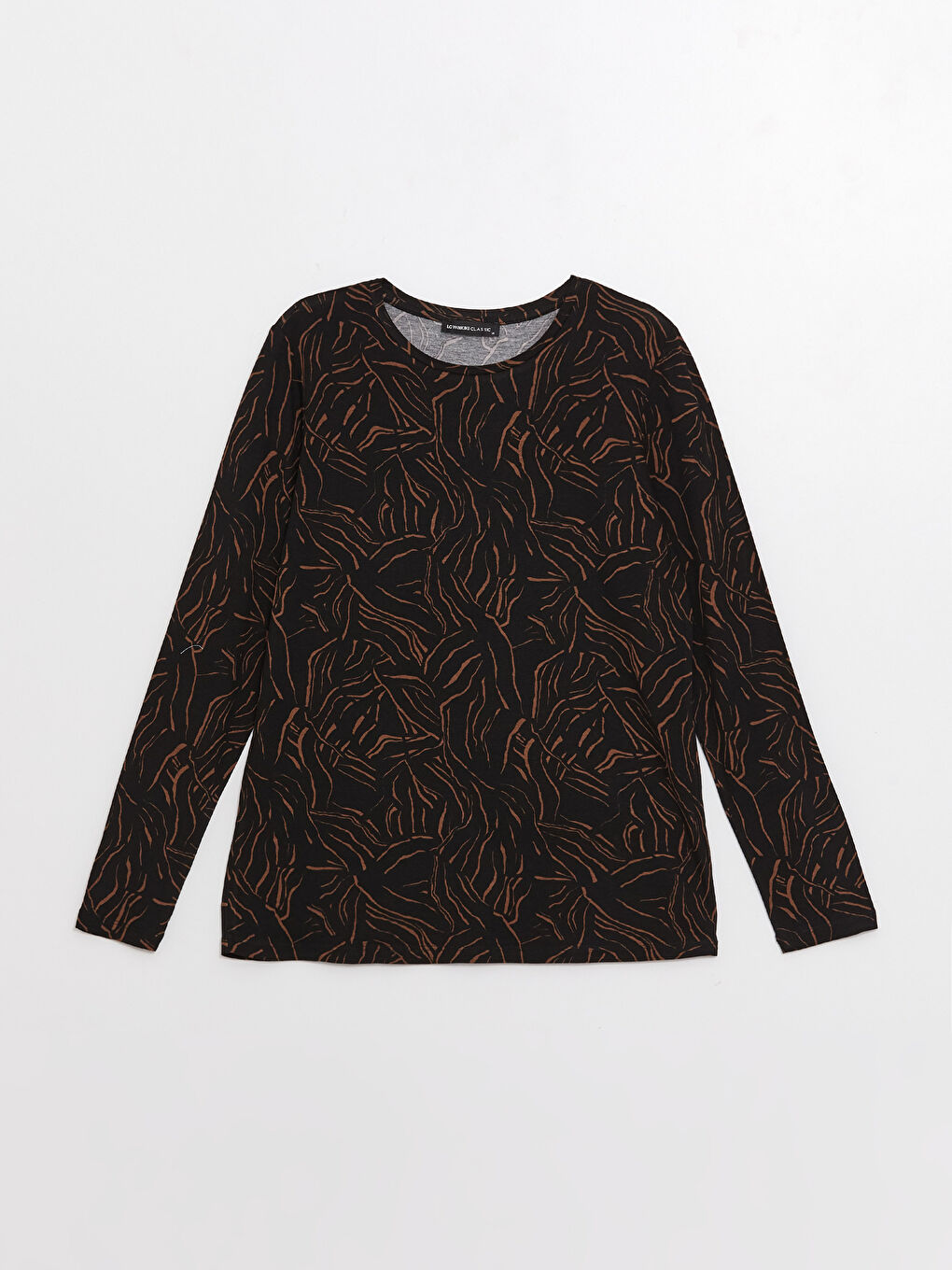 әйелдерге арналған дөңгелек жағалы өрнекті ұзын жең футболка-5