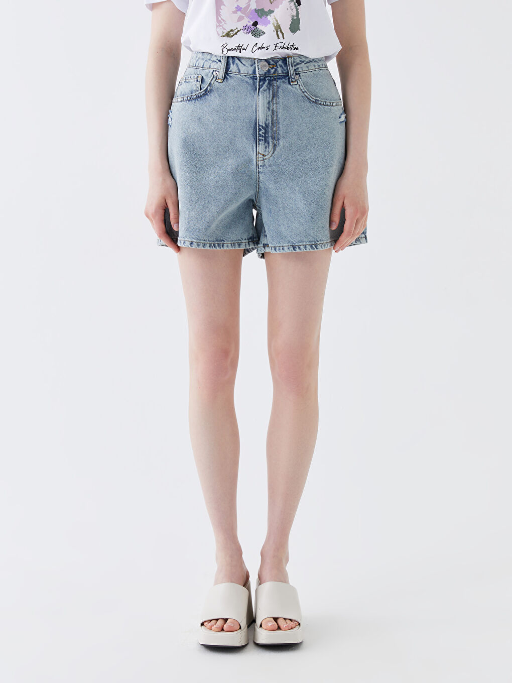 İndigo Yüksek Bel Standart Fit Kadın Jean Şort-2